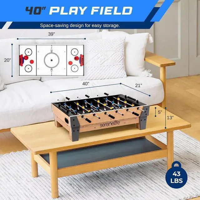 Alt view image 2 of 7 - SereneLife SKARFSDT99 38 Table Top Air Hockey & 40 Foosball Set, 2-in-1 Swivel Game Table with Soccer Ball, Pushers, and Pucks