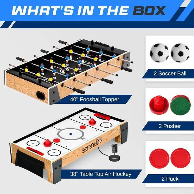Alt view image 3 of 7 - SereneLife SKARFSDT99 38 Table Top Air Hockey & 40 Foosball Set, 2-in-1 Swivel Game Table with Soccer Ball, Pushers, and Pucks