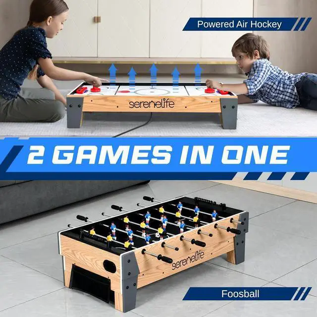 Alt view image 6 of 7 - SereneLife SKARFSDT99 38 Table Top Air Hockey & 40 Foosball Set, 2-in-1 Swivel Game Table with Soccer Ball, Pushers, and Pucks