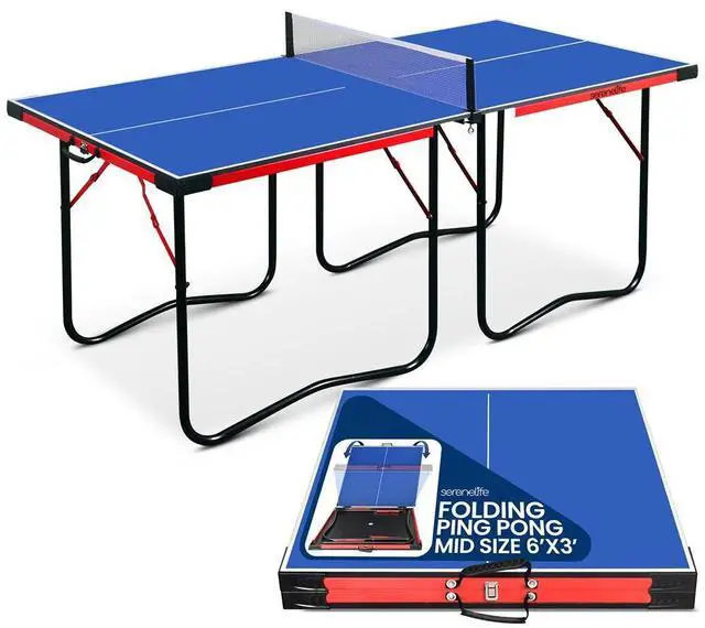 Main image of SereneLife SLPPNGPO11 Foldable Table Tennis Table, 2-Piece Design with Single Player Playback Mode (Blue)