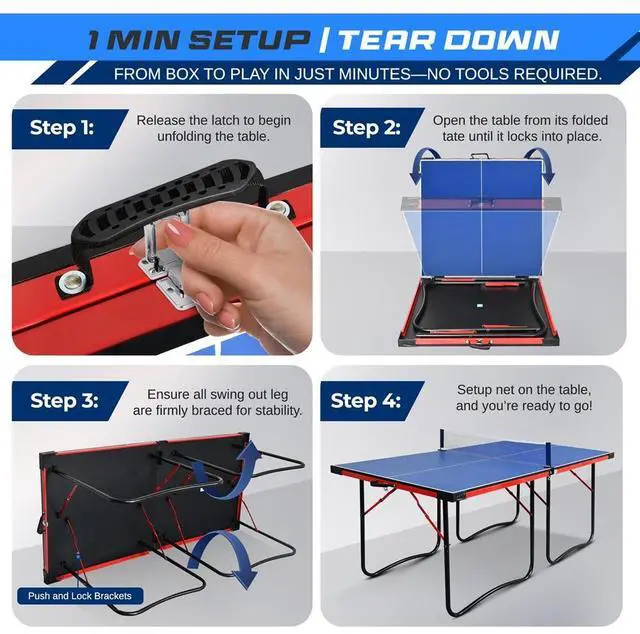 Alt view image 2 of 7 - SereneLife SLPPNGPO11 Foldable Table Tennis Table, 2-Piece Design with Single Player Playback Mode (Blue)