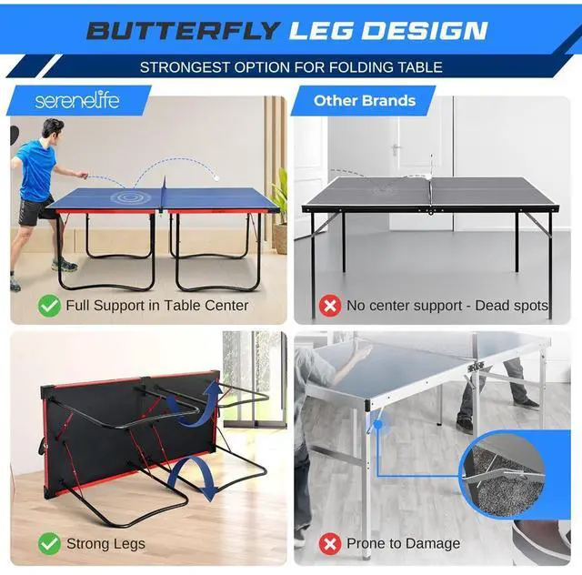 Alt view image 3 of 7 - SereneLife SLPPNGPO11 Foldable Table Tennis Table, 2-Piece Design with Single Player Playback Mode (Blue)