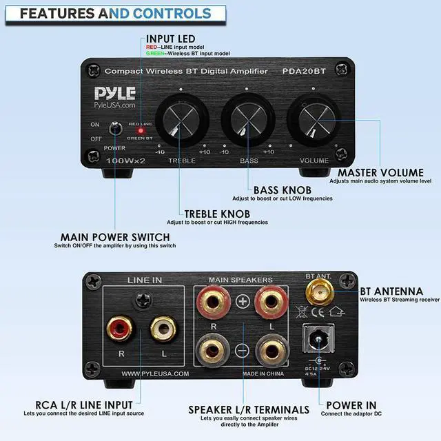 Alt view image 4 of 9 - bluetooth hifi mini audio amplifier - class d digital desktop pc stereo amplifier receiver (2 x 100 watt max) aluminum diecast- pyle pda20bt, micro amp