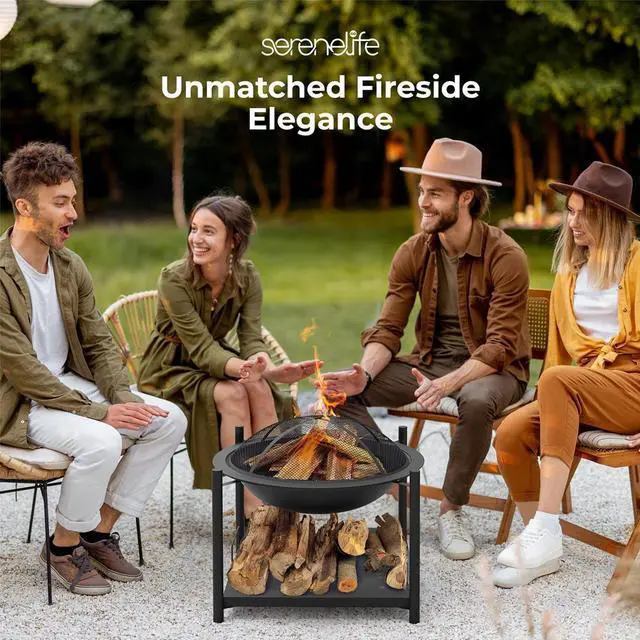 Alt view image 7 of 7 - SereneLife 26" Steel Outdoor Wood Fire Pit with Grill & Spark Screen - SLNFWD74