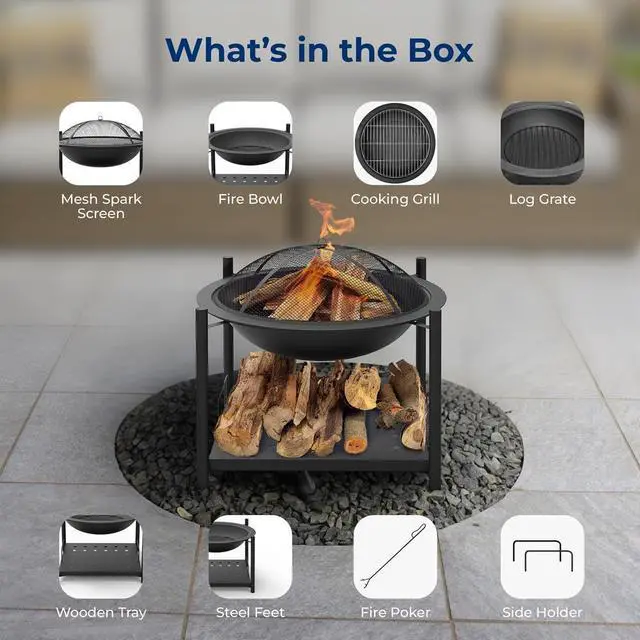 Alt view image 5 of 7 - SereneLife 26" Steel Outdoor Wood Fire Pit with Grill & Spark Screen - SLNFWD74