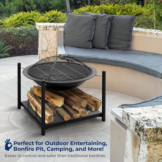Alt view image 3 of 7 - SereneLife 26" Steel Outdoor Wood Fire Pit with Grill & Spark Screen - SLNFWD74