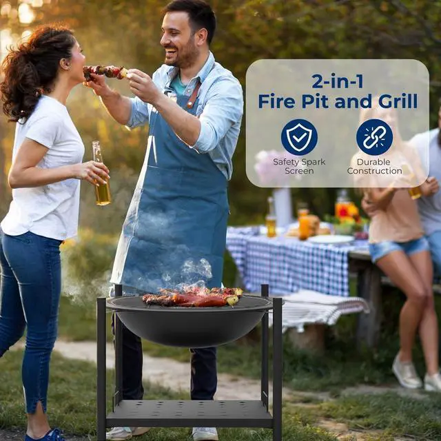 Alt view image 2 of 7 - SereneLife 26" Steel Outdoor Wood Fire Pit with Grill & Spark Screen - SLNFWD74