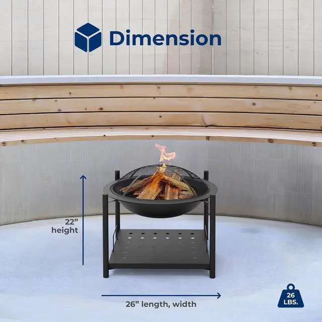 Alt view image 4 of 7 - SereneLife 26" Steel Outdoor Wood Fire Pit with Grill & Spark Screen - SLNFWD74