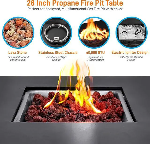 Alt view image 6 of 7 - SereneLife 28" Propane Gas Fire Pit Table with Cover & Lava Rocks - SLFPS3 - 40,000 BTU