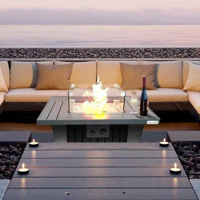 Alt view image 6 of 7 - SereneLife 50,000 BTU Propane Gas Fire Pit Table - SLNFRE27 - Stainless Steel Lid & Legs