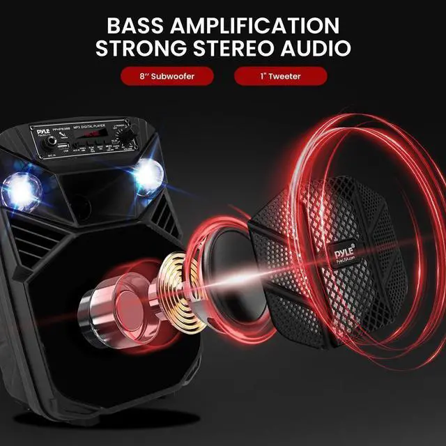 Alt view image 5 of 7 - Pyle 8" Bluetooth Portable PA Speaker with LED Lights - PPHP838B - 300W, USB/FM/Aux