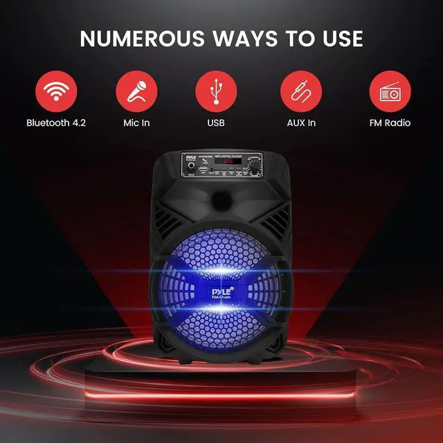 Alt view image 2 of 7 - Pyle 8" Portable Bluetooth PA Speaker - PPHP836B - 300W with LED Lights, FM Radio, USB/MP3 Support
