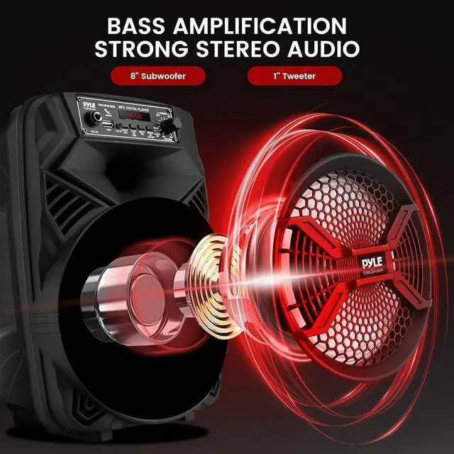 Alt view image 3 of 7 - Pyle 8" Portable Bluetooth PA Speaker - PPHP836B - 300W with LED Lights, FM Radio, USB/MP3 Support