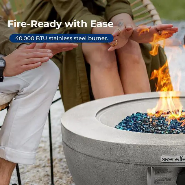 Alt view image 5 of 7 - SereneLife 40,000 BTU Propane Gas Fire Pit Table - Round, Stainless Steel Burner, Blue Glass Rocks, Outdoor Fire Pit with Cover