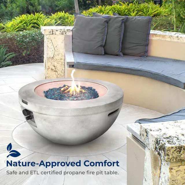 Alt view image 2 of 7 - SereneLife 40,000 BTU Propane Gas Fire Pit Table - Round, Stainless Steel Burner, Blue Glass Rocks, Outdoor Fire Pit with Cover