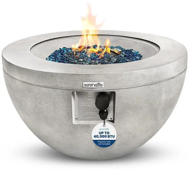 Main image of SereneLife 40,000 BTU Propane Gas Fire Pit Table - Round, Stainless Steel Burner, Blue Glass Rocks, Outdoor Fire Pit with Cover