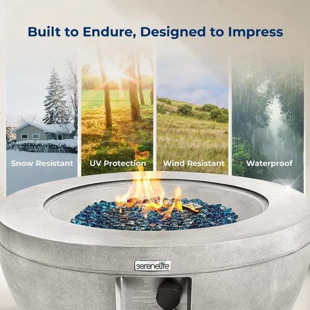Alt view image 7 of 7 - SereneLife 40,000 BTU Propane Gas Fire Pit Table - Round, Stainless Steel Burner, Blue Glass Rocks, Outdoor Fire Pit with Cover