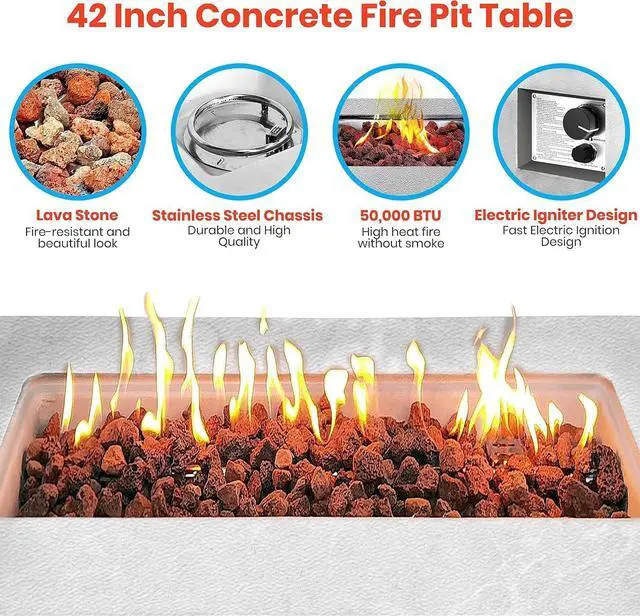 Alt view image 7 of 7 - SereneLife 50,000 BTU Propane Gas Fire Pit Table - Square, Stainless Steel Burner, Lava Rock Set, with PVC Cover for Outdoor Use