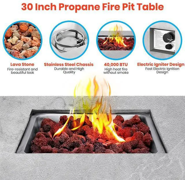 Alt view image 4 of 7 - SereneLife 40,000 BTU Propane Gas Fire Pit Table - Square, Stainless Steel Burner, Lava Rock Set, with PVC Cover for Outdoor Use