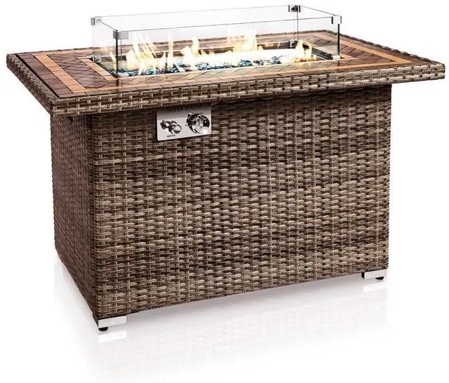 Main image of SereneLife 50,000 BTU Outdoor Propane Gas Fire Pit Table - Rectangle Wicker Base with Tile Tabletop, Glass Wind Guard & Blue Glass Rocks