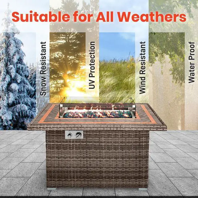 Alt view image 4 of 7 - SereneLife 50,000 BTU Outdoor Propane Gas Fire Pit Table - Rectangle Wicker Base with Tile Tabletop, Glass Wind Guard & Blue Glass Rocks