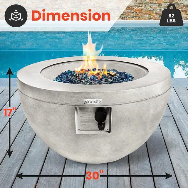 Alt view image 4 of 7 - SereneLife 40,000 BTU Propane Gas Fire Pit Table - Round, Stainless Steel Burner, Blue Glass Rocks, with PVC Cover for Outdoor Use
