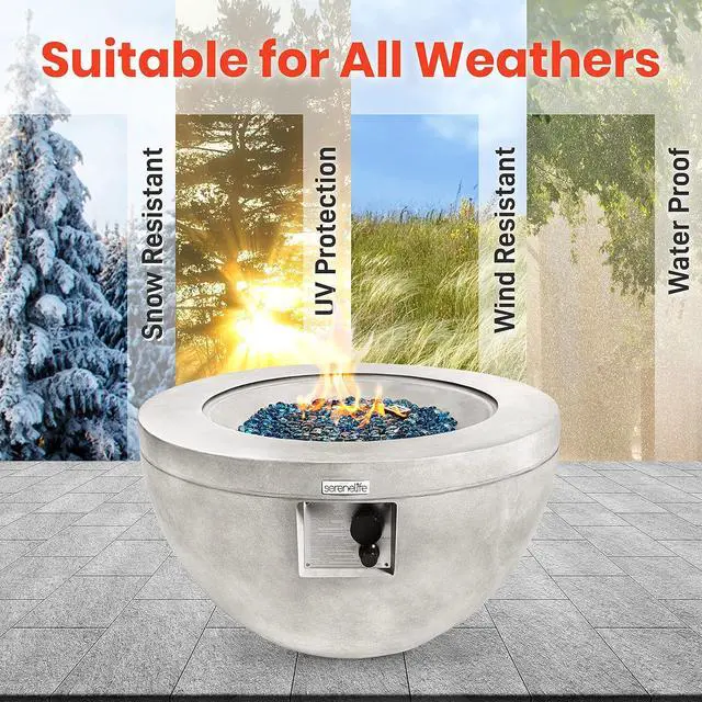 Alt view image 5 of 7 - SereneLife 40,000 BTU Propane Gas Fire Pit Table - Round, Stainless Steel Burner, Blue Glass Rocks, with PVC Cover for Outdoor Use