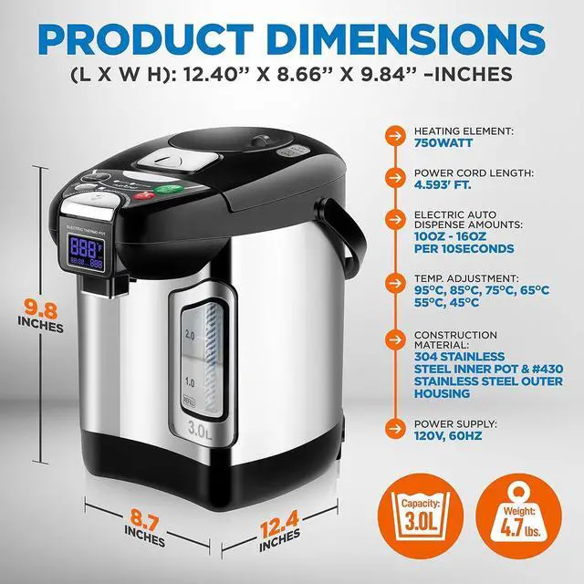 Alt view image 3 of 7 - NutriChef 3L Digital Hot Water Dispenser - Instant Water Boiler, Adjustable Temperature, Auto Dispense Safety Lock