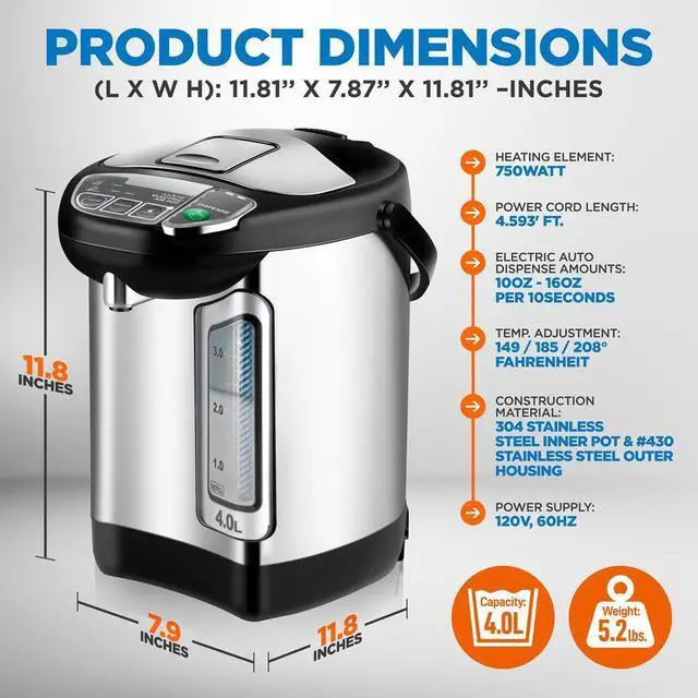 Alt view image 4 of 7 - NutriChef 4L Digital Hot Water Dispenser - Instant Water Boiler, Auto Dispense Safety Lock, Adjustable Temperature (4.227 quarts)