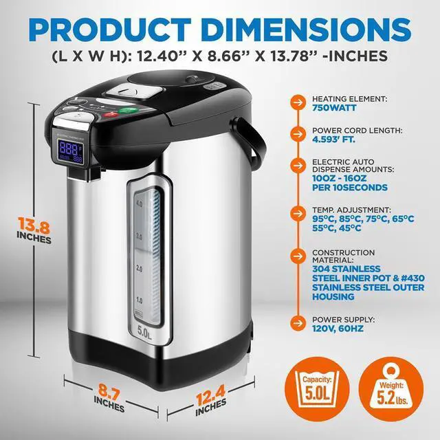 Alt view image 5 of 7 - NutriChef 5L Digital Hot Water Dispenser - Instant Water Boiler, Adjustable Temperature, Auto Dispense Safety Lock (5.283 quarts)