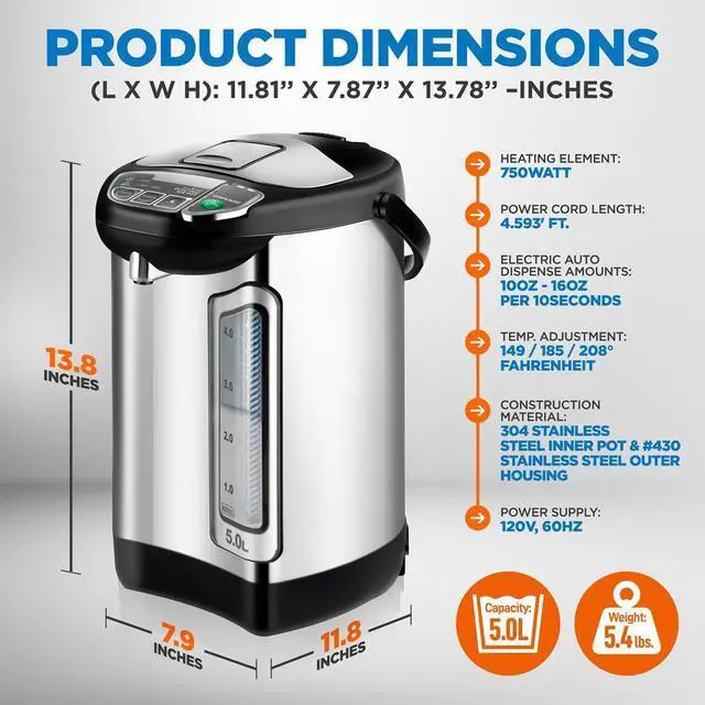Alt view image 4 of 7 - NutriChef 5L Digital Hot Water Dispenser - Instant Water Boiler, Adjustable Temperature, Auto Dispense Safety Lock (5.283 quarts)