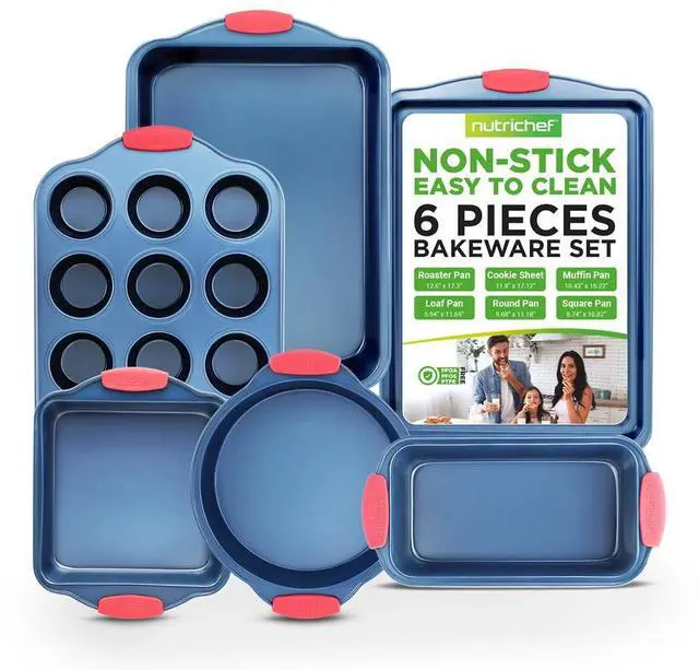 Main image of NutriChef 6-Piece Nonstick Carbon Steel Bakeware Set with Red Silicone Handles, Professional Kitchen Oven Pans (Roaster, Round, Square, Loaf, Cookie, Muffin)