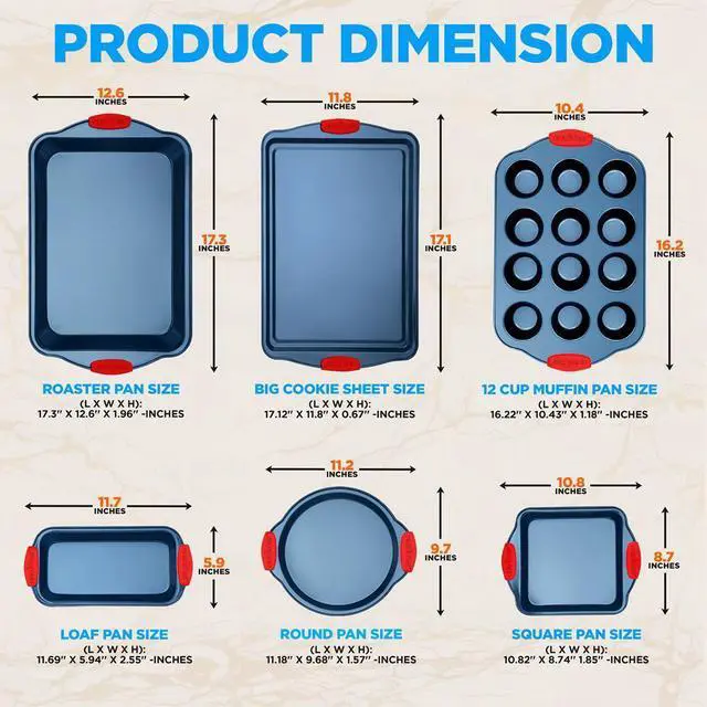 Alt view image 6 of 7 - NutriChef 6-Piece Nonstick Carbon Steel Bakeware Set with Red Silicone Handles, Professional Kitchen Oven Pans (Roaster, Round, Square, Loaf, Cookie, Muffin)