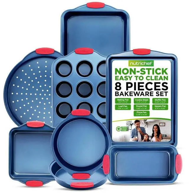 Main image of NutriChef 8-Piece Nonstick Carbon Steel Bakeware Set with Red Silicone Handles, Professional Kitchen Oven Pans (Baking, Pizza, Loaf, Muffin, Cookie)