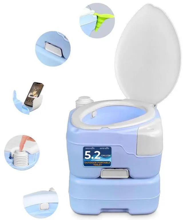 Main image of SereneLife 20L Portable Toilet with Extra Large Seat, Hand Sprayer, Funnel & Phone Holder  Indoor/Outdoor Use (Moonwhite)
