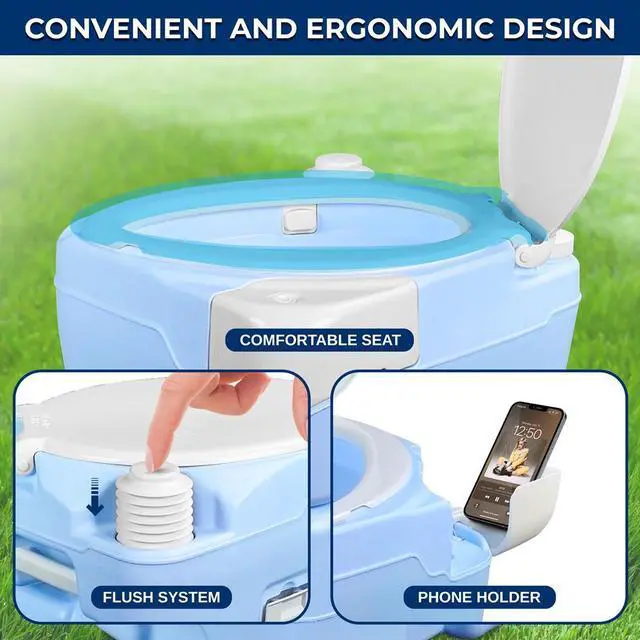 Alt view image 7 of 7 - SereneLife 20L Portable Toilet with Extra Large Seat, Hand Sprayer, Funnel & Phone Holder  Indoor/Outdoor Use (Moonwhite)
