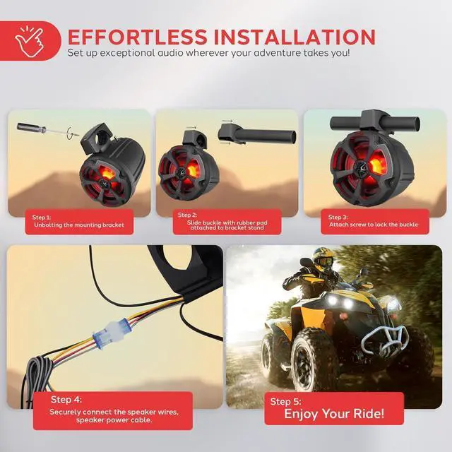 Alt view image 4 of 7 - Pyle 6.5" Off-Road Marine Bluetooth Speakers with RGB Lights, 1200W Amplified Vehicle Speaker System for ATV, UTV, 4x4, Jeep