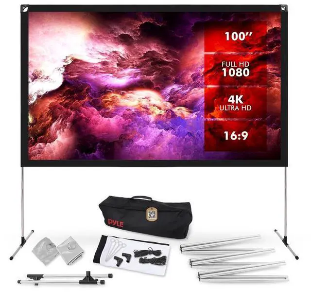 Main image of Pyle 100" Portable Outdoor Projection Screen - Lightweight HD 16:9 Viewing with Frame Stand, Matte White Fabric
