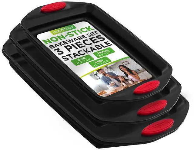 Main image of NutriChef 3-Piece Nonstick Carbon Steel Bakeware Set with Red Silicone Handles  Small, Medium, Large Cookie Pans