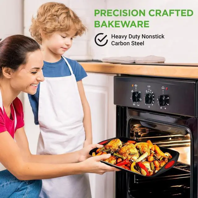 Alt view image 5 of 7 - NutriChef 3-Piece Nonstick Carbon Steel Bakeware Set with Red Silicone Handles  Small, Medium, Large Cookie Pans