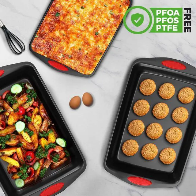 Alt view image 2 of 7 - NutriChef 3-Piece Nonstick Carbon Steel Bakeware Set with Red Silicone Handles  Small, Medium, Large Cookie Pans