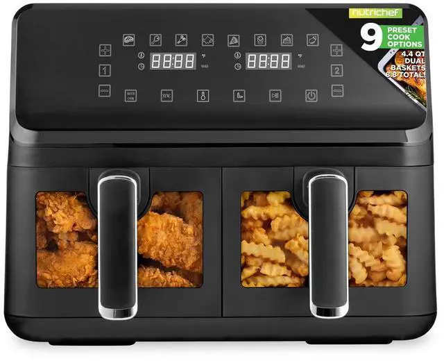 Main image of NutriChef 4.4QT Dual Basket Air Fryer - Customized Digital Display, Electric Oil-Free Cooker with Transparent Window (Black)