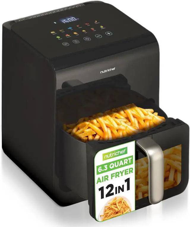 Main image of NutriChef 6L Digital Air Fryer with Silver Handle - Customized Digital Display, Electric Oil-Free Cooker with Transparent Window (Black)