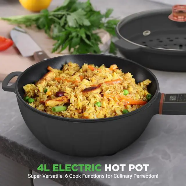 Alt view image 6 of 7 - NutriChef Multifunctional Electric Frying Pan - 4L Large Capacity + 4L Steamer, Non-Stick, 1000W, Designed with Control Panel, 3 Pin US Plug (Black)
