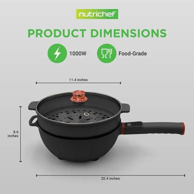 Alt view image 4 of 7 - NutriChef Multifunctional Electric Frying Pan - 4L Large Capacity + 4L Steamer, Non-Stick, 1000W, Designed with Control Panel, 3 Pin US Plug (Black)
