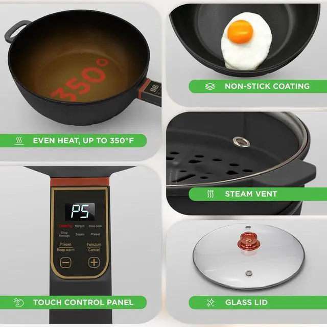 Alt view image 2 of 7 - NutriChef Multifunctional Electric Frying Pan - 4L Large Capacity + 4L Steamer, Non-Stick, 1000W, Designed with Control Panel, 3 Pin US Plug (Black)