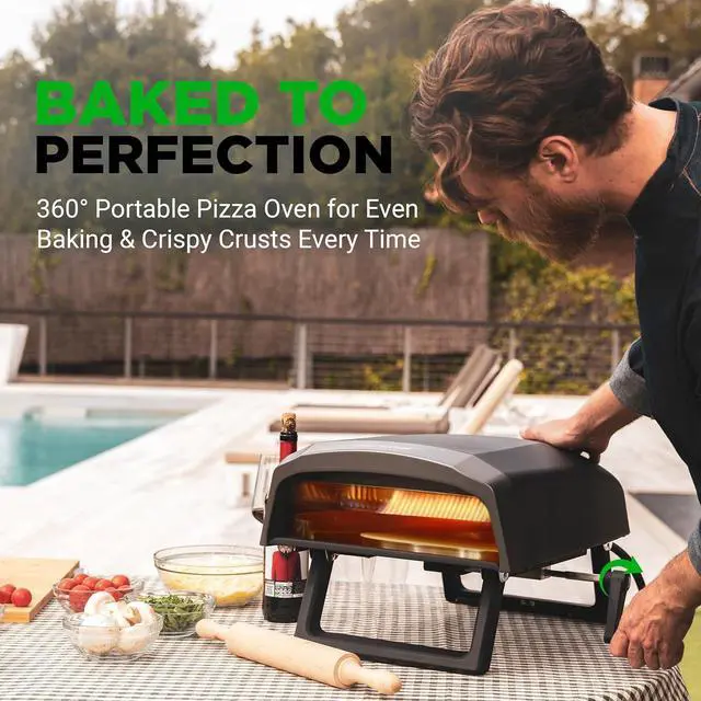 Alt view image 5 of 7 - NutriChef 360° Rotating Pizza Oven with Rain Cover, Cutter, Pizza Stone, Regulator, and Hose, 12 Pizza, Black