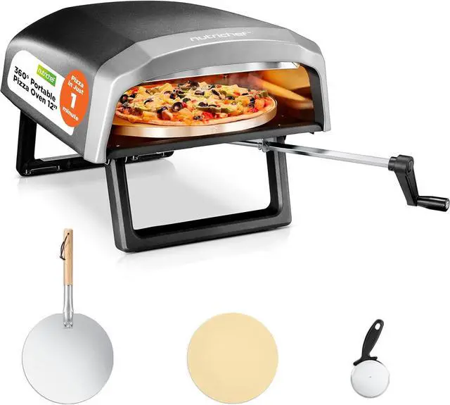 Main image of NutriChef 360° Rotating Pizza Oven with Rain Cover, Cutter, Pizza Stone, Regulator, and Hose, 12 Pizza, Black
