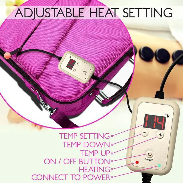 Alt view image 4 of 7 - SereneLife Portable Hot Stone Massage System - Includes 12 Basalt Stones, Digital Temperature Controller, Heating Bag (Pink)