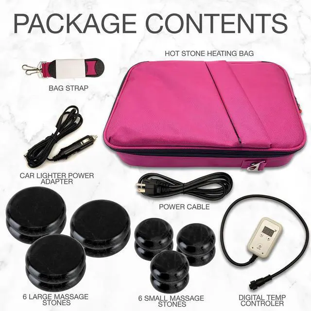 Alt view image 2 of 7 - SereneLife Portable Hot Stone Massage System - Includes 12 Basalt Stones, Digital Temperature Controller, Heating Bag (Pink)